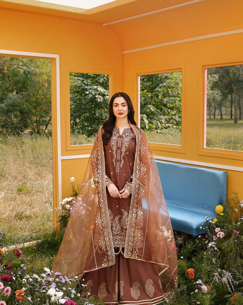 Cinnamon-Luxury Chikankari Jacquard 3-Piece Ensemble